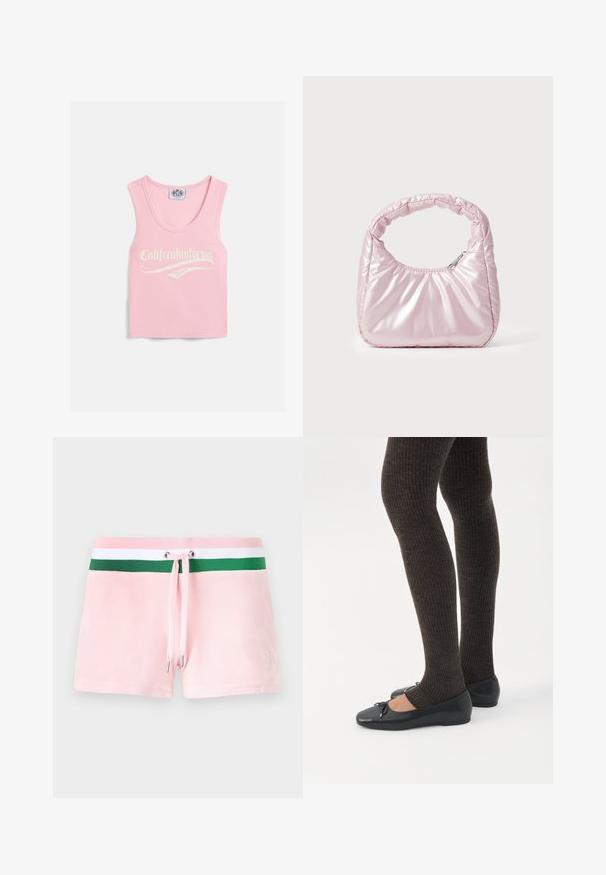 Roze geribbelde tanktop met een ronde halslijn, voorzien van witte tekst met de opdruk "Califreakinfornia Juicy" aan de voorkant.; Roze katoenen shorts met een groen-witte gestreepte tailleband, voorzien van een trekkoord en zilveren metalen uiteinden. Subtiele logo borduursel aan de zijkant.; Benen met donkere geribbelde leggings gecombineerd met zwarte ballerina's met kleine strikdetails op een witte achtergrond.; Roze, gevoerde handtas met een afgeronde vorm, gemaakt van glanzend materiaal. Beschikt over een geplooide handgreep en een ritssluiting voor veilige toegang.