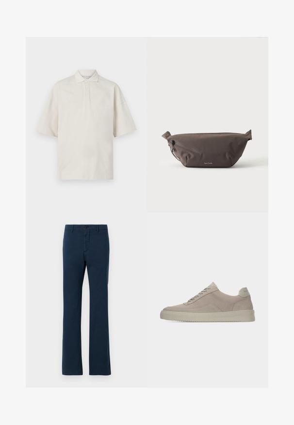 Polo beige à manches courtes, col classique, trois boutons devant et texture douce. Dispose d'une coupe décontractée et ample.; Pantalons en coton bleu marine avec une coupe droite, dotés d'une fermeture à bouton sur le devant et de passants de ceinture, texture lisse et coupe ajustée.; Baskets en daim beige avec une finition texturée, un bout arrondi et des lacets ton sur ton. Elles présentent une semelle en caoutchouc épaisse et un branding discret sur le talon.; Sac banane en tissu marron foncé avec poche zippée en diagonale et petit logo blanc sur le devant, sur un fond clair uni.
