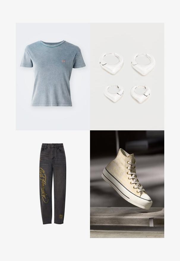 Lyseblå kortærmet t-shirt med ribbet tekstur. Har et lille logo-patch på brystet. Rund halsudskæring og en tætsiddende pasform.; Sorte denimjeans med guld skrifttryk på venstre ben. Klassisk fem-lomme design, lige benform, let slidt tekstur.; Høje sneakers med en struktureret lys gul overdel, hvid gummitå, og kontrasterende sorte striber på den hvide sål. Snørebåndsdesign.; To par skinnende sølvøreringe med et karakteristisk spidst, V-formet design, vist på en hvid baggrund.