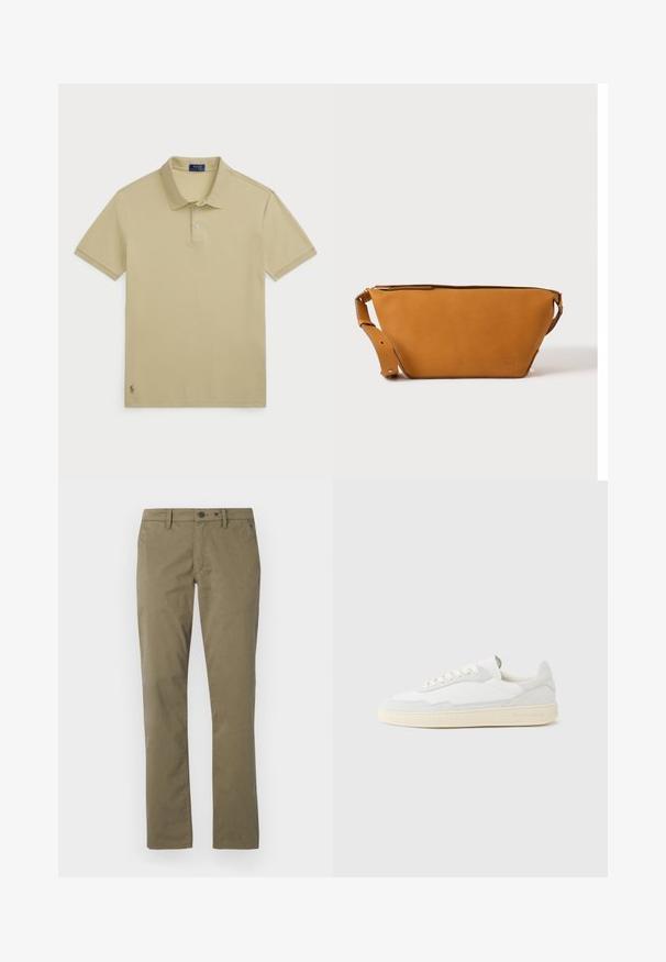 Beež polo särk, lühikesed varrukad, puuvillane kangas, kolmesuunaline nööbistamine, ribatud krae, tikandiga logo vasakus alumises nurgas.; Khaki puuvillased püksid, millel on sirge jalg, kaks eesmist taskut ning nööbi- ja lukuga sulgemine.; Valge tennisejalanõu, mille ülemine osa on valmistatud tekstuurse seemisnahast ja nahast. Omab ümarat ninaosa, paeltega sulgurit ja kontrastset beeži kummist tallaga.; Helepruun nahast ristiaskott reguleeritava sangaga ja tõmblukuga sulgumisega, kujutatud ühevärvilise heleda tausta ees.