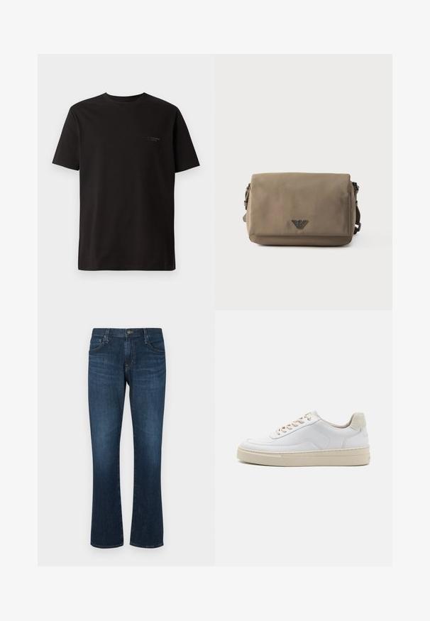 Sort kortærmet t-shirt lavet af bomuld. Har en rund halsudskæring og diskret branding på venstre brystområde. Glat tekstur.; Mørkeblå denimjeans med lige ben-design, fem lommer og metalknap-lukning. Glat tekstur med subtil falming.; Hvide sneakers med en glat læderoverdel, beige snørebånd og en tekstureret beige ruskindsheel-tab. Hævet sål for ekstra højde.; Rektangulær taupe crossbody-taske med klaplukning og lille metal logoemblem centreret på forsiden mod en hvid baggrund.
