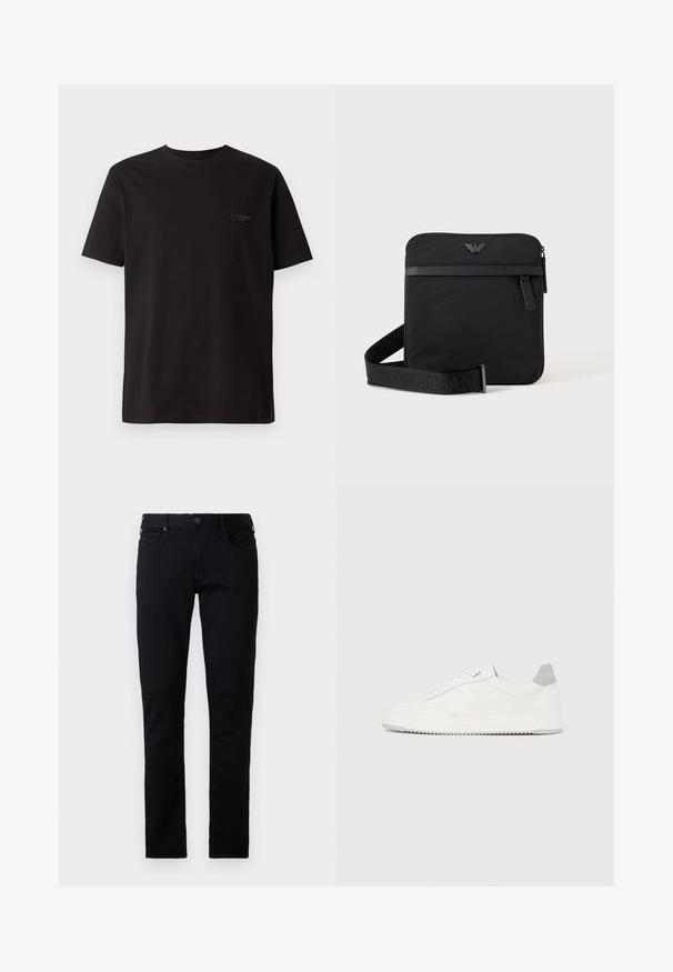 Sort kortærmet t-shirt lavet af bomuld. Har en rund halsudskæring og diskret branding på venstre brystområde. Glat tekstur.; Emporio Armani POCKETS PANT - Jeans Slim Fit - black denim; Hvid lavtop-sneaker med gråt hælflig, hvide snørebånd og tekstureret sål, vist på en ensfarvet lys baggrund.; Sort firkantet skuldertaske med lynlås, frontlomme og justerbar rem med præget brandnavn.