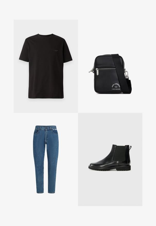 Sort kortærmet t-shirt lavet af bomuld. Har en rund halsudskæring og diskret branding på venstre brystområde. Glat tekstur.; Blå denimjeans med høj talje og lige ben. Funktioner inkluderer klassisk fem-lomme design, bæltestropper og mærke-logo på taljen.; Sort læder Chelsea støvle med elastiske sidepaneler, afrundet tå og struktureret gummisål. Har en trækstrop på bagsiden.; Sort læder crossbody taske med sølvhardware, en lynlåslomme, en tekstureret overflade og fremtrædende hvid branding på forsiden.