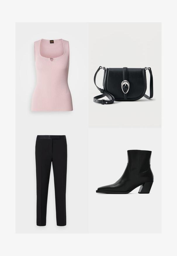 Top de tirantes de color rosa, con escote cuadrado, diseño sin mangas, tejido texturizado y pequeño logotipo decorativo en el centro.; Pantalones negros con una textura suave, diseño recto y cinturilla de satén. Presenta un detalle mínimo y sin patrones o acentos visibles.; Bota de tobillo de cuero negro con punta afilada, una silueta elegante y un tacón cuadrado grueso. Textura suave con detalles de costura mínimos.; Bolso bandolera de cuero negro con acabado texturizado, hebilla ovalada plateada y correa ajustable sobre fondo blanco.