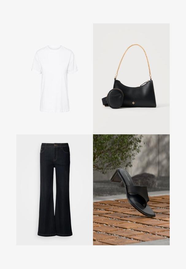 Hvid bomulds t-shirt med korte ærmer, rund hals og en afslappet pasform, med en glat tekstur og uden synlige mønstre.; Mos Mosh MMDARA DELUXE JEANS - Jeans Relaxed Fit - dark blue; Sort Calvin Klein hælet sandal med tå-loop på trægulv udendørs nær et træ og en stenmur.; Sort læderhåndtaske med lille tilhæftet pung og guldkæde-rem på en ensartet lys baggrund.