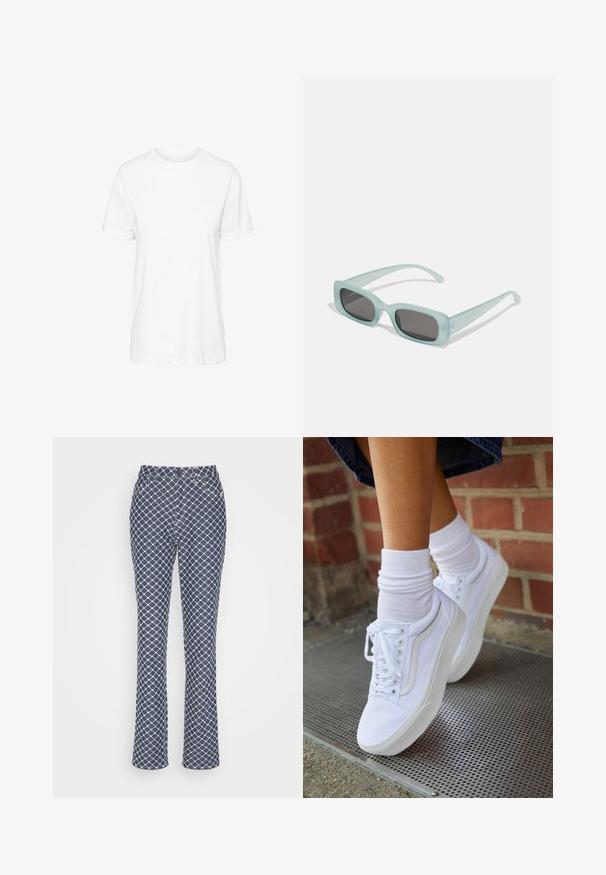Hvid bomulds t-shirt med korte ærmer, rund hals og en afslappet pasform, med en glat tekstur og uden synlige mønstre.; Envii KATRINE PANTS - Bukser - mottled blue; Hvide lærreds sneakers med gummisåler, der har seks snørehuller, rund tå og let sømdetaljer, krydret med hvide ankelstrømper.; Et par rektangulære solbriller med lyseblå gennemsigtige stel og mørkegrå linser, der har lige templer og minimale hardware detaljer.