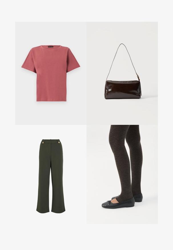 T-shirt rose poussière à manches courtes avec col rond, ourlet droit, coutures minimales et une petite étiquette de marque noire à l'intérieur de l'encolure.; Pantalons larges vert olive avec une texture lisse, dotés de deux boutons dorés à la taille et d'une silhouette épurée et bien ajustée.; Jambes portant des leggings côtelés foncés associés à des ballerines noires avec de petits détails en nœud sur fond blanc.; Sac à bandoulière rectangulaire en cuir marron foncé avec une seule sangle fine et une boucle dorée sur un fond uni.