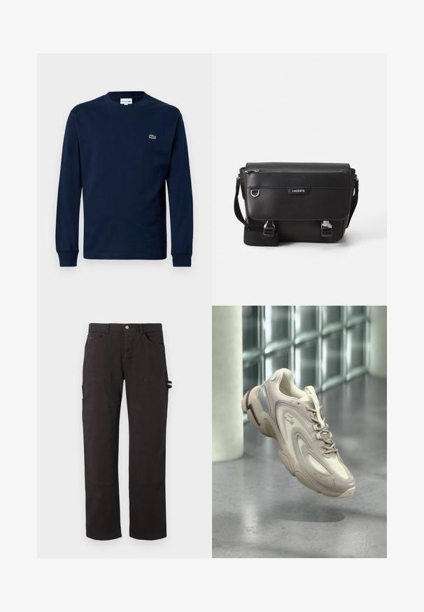 Marine langærmet t-shirt lavet af bomuld, med rund hals og et lille grønt krokodillelogo på venstre bryst.; Tommy Jeans JAIMIE CARPENTER DOUBLE KNEE - Bukser - black; Lysebeige sneaker med et elegant design, teksturerede overlays, en polstret sål og en gennemsigtig sektion på siden.; Sort tekstureret Lacoste messengertaske med justerbar rem, frontklap, lynlås lomme og metalspænder.