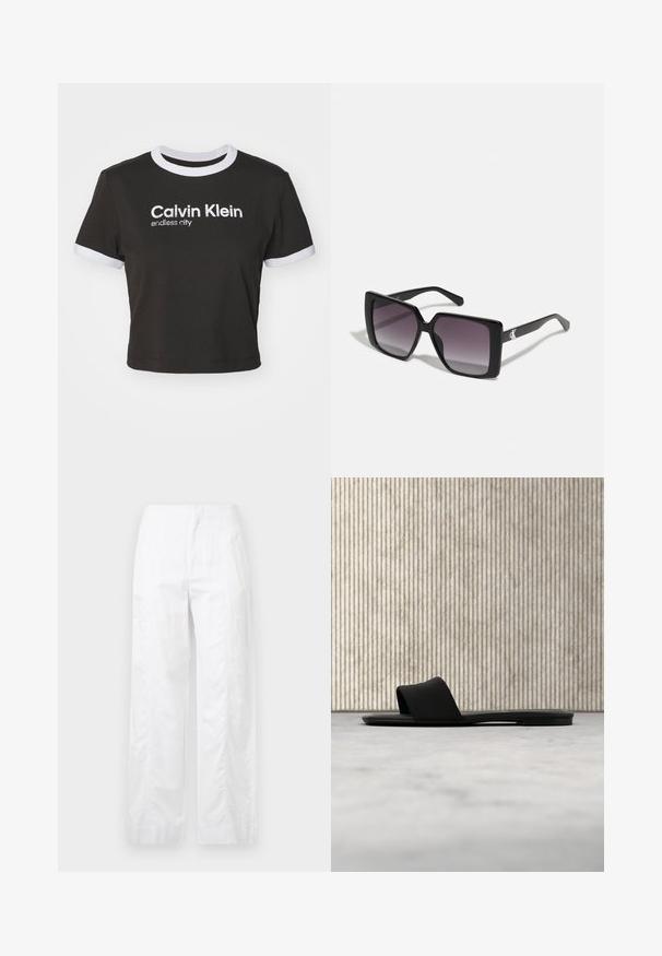 Κομμένο μαύρο T-shirt με λευκό ριγέ λαιμό και λεπτομέρειες μανικιών. Φέρει το λογότυπο "Calvin Klein" και την φράση "endless city" εκτυπωμένα σε λευκό. Μαλακό βαμβακερό υλικό.; Λευκά παντελόνια με φαρδιά γραμμή, κατασκευασμένα από ελαφρύ ύφασμα, με απλή υφή, καθαρές γραμμές και ψηλή ζώνη.; Μαύρο ανδρικό σανδάλι slide Calvin Klein με ανοιχτό δάχτυλο, τοποθετημένο σε μπεζ χαλί κοντά στη στρογγυλή βάση τραπεζιού χρώματος κεχριμπαριού σε μοντέρνο εσωτερικό χώρο.; Μαύρα τετράγωνα γυαλιά ηλίου με γραδίαν γκρι φακούς. Γυαλιστεροί σκελετοί με καθαρές γραμμές. Ασημένιο λογότυπο στον βραχίονα.