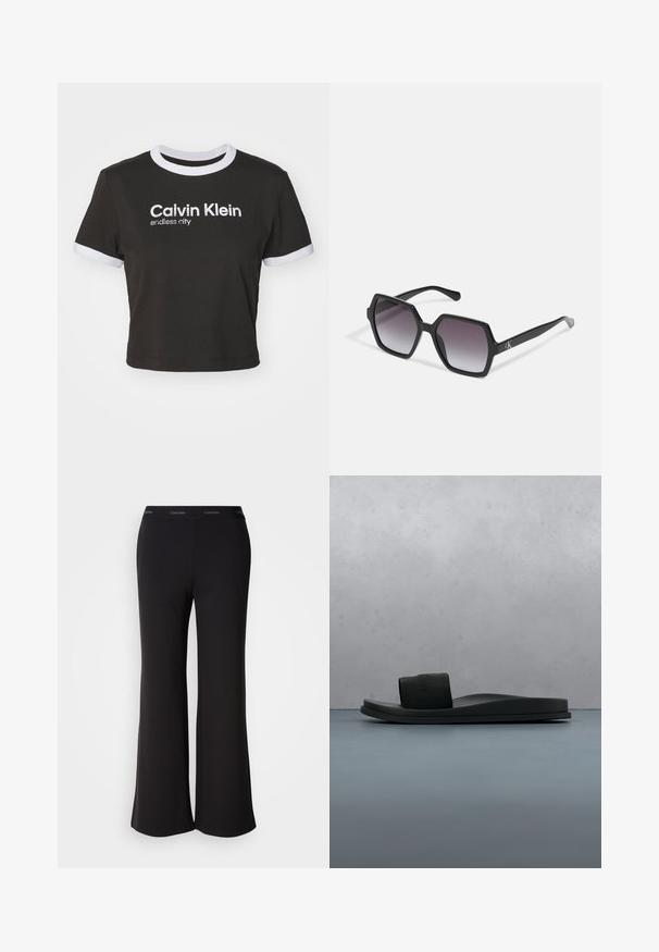 Kortgesneden zwart T-shirt met witte ringer halslijn en mouwaccenten. Bevat de tekst "Calvin Klein" en "endless city" in het wit. Gemaakt van zacht katoen.; Zwarte uitlopende broek gemaakt van zachte stof met een brede tailleband met het Calvin Klein-logo. Soepele textuur, volledig lange broek.; Zwarte Calvin Klein slide-sandaal met brede band, weergegeven boven een houten vloer met textuur en kiezelstenen, onscherpe achtergrond buiten.; Zwarte hexagonale zonnebril met graduele lenzen, voorzien van een glanzende afwerking en subtiele branding op de veer. Duurzame kunststofconstructie.