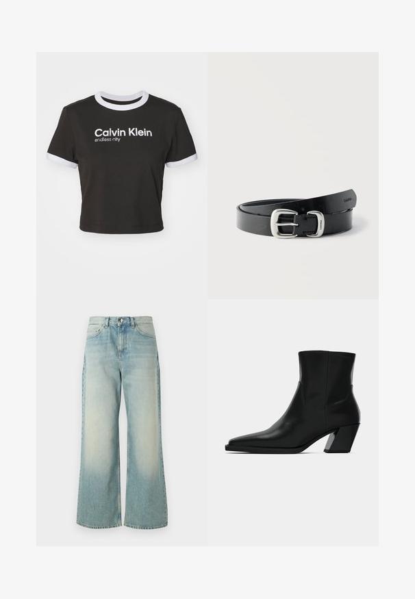 Afskærmet sort T-shirt med hvid ringer ved halsudskæringen og ærmefinesser. Har "Calvin Klein" og "endless city" trykt i hvidt. Blødt bomuldsstof.; Lyseblå vide jeans lavet af denim, med en afdæmpet vask, klassisk fem-lomme design og en frontknaplukning.; Sortlæder ankelstøvle med spids tå, en slank silhuet og en kraftig firkantet hæl. Glat tekstur med minimale stikninger.; Sort læderbælte snoet med sølv metal spænde indgraveret med "Calvin Klein" mod en ens hvid baggrund.