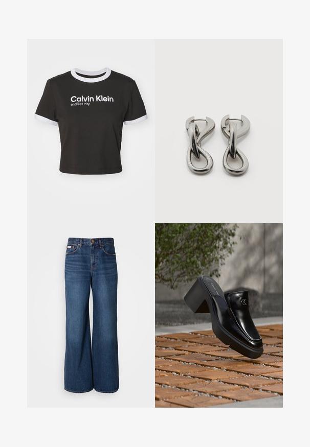 Camiseta negra recortada con el cuello y las mangas en blanco. Presenta "Calvin Klein" y "ciudad infinita" impresos en blanco. Material de algodón suave.; Vaqueros de pierna ancha hechos de denim azul oscuro. Incluyen una cintura alta, cinco bolsillos y costuras en contraste de color naranja a lo largo de las costuras.; Mule tipo slip-on de cuero negro de Calvin Klein con tacón de bloque descansando sobre baldosas de madera al aire libre cerca de una planta verde y una pared gris.; Par de pendientes de metal con acabado plateado y diseño abstracto de bucles entrelazados sobre un fondo blanco.