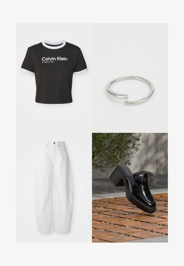 Gekürztes schwarzes T-Shirt mit weißem Ringkragen und Ärmelakzenten. Mit "Calvin Klein" und "endless city" in Weiß bedruckt. Aus weichem Baumwollmaterial.; Hochtaillierte weiße Denim-Hose mit lockerer Passform. Einfacher Knopfverschluss, seitliche Taschen und minimalistisches Design. Glatte Textur.; Schwarze Leder-Slip-on-Mule von Calvin Klein mit Blockabsatz, die auf Holzfliesen im Freien nahe einer grünen Pflanze und einer grauen Wand ruht.; Calvin Klein SPIRAL - Armband - silver-coloured