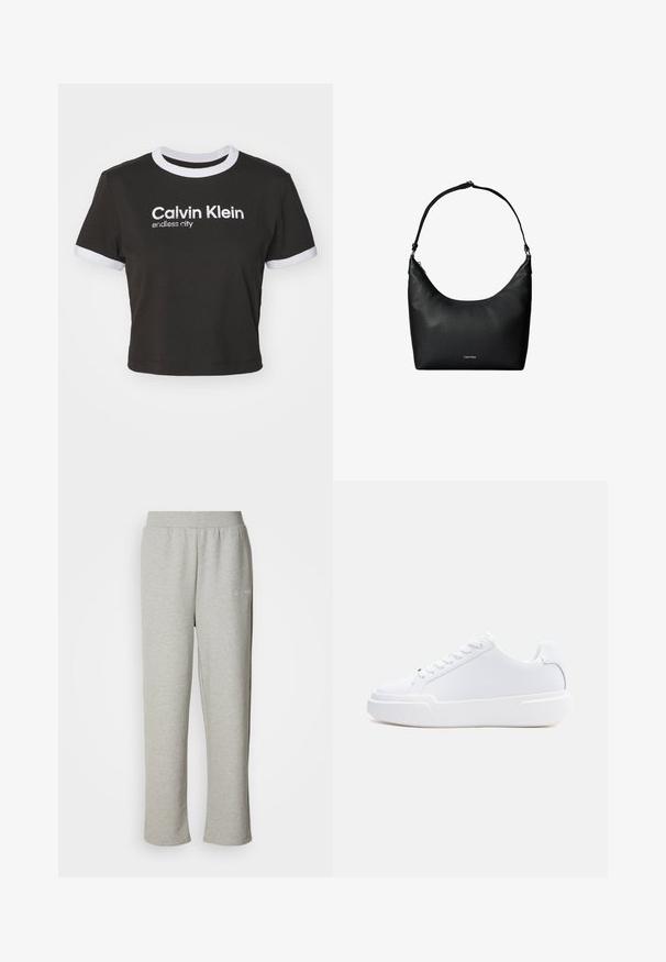 Lyhyt ja musta t-paita, jossa valkoinen kaulus ja hihan korostukset. Tässä on painettuna valkoisella "Calvin Klein" ja "endless city". Pehmeää puuvillamateriaalia.; Harmaat collegehousut pehmeästä materiaalista, jossa on joustava vyötärö. Vasemmalla puolella on pieni logo ja suora lahkeiden malli.; Valkoinen matala tennarikenkiä, jossa nyöritettävä nauhallinen sulkeminen, paksu pohja ja sileä päällinen, kuvattuna ulkosivulta yksinkertaista vaaleaa taustaa vasten.; Musta kuvioitu nahkainen olkalaukku, jossa on yksittäinen hihna ja pieni Calvin Kleinin logo etukeskellä.