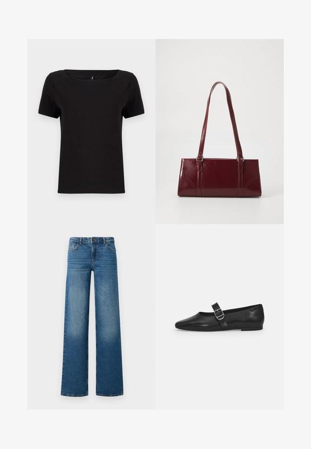 Camiseta negra de manga corta con escote cuadrado, fabricada en suave tela de algodón, que presenta un diseño minimalista y un corte regular.; Jeans de pierna ancha en azul con un lavado desgastado, cinco bolsillos y cierre de botón. Fabricados en denim con una textura suave y resistente.; Zapato plano de cuero negro con punta redondeada, una sola correa ajustable con hebilla y una textura suave y brillante. Diseño minimalista con un tacón bajo.; Bolso burdeos hecho de material brillante, de forma rectangular, con dos asas para el hombro y sutiles acentos curvados en la parte frontal.