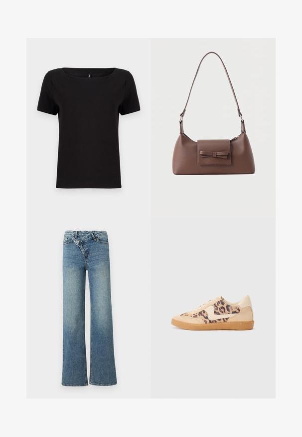 Schwarzes kurzärmeliges T-Shirt mit quadratischem Ausschnitt, aus weichem Baumwollstoff, mit minimalistischen Design und normaler Passform.; Hellblaue Jeans aus Denim mit weitem Bein, hoher Taille, leichter Verblassung und Knopfverschluss vorne. Verfügt über fünf Taschen und minimale Nähte.; Löwenmuster-Sneaker mit beige Wildleder-Obermaterial, tanfarbener Gummisohle und weißen Akzenten. Runde Zehenform und Schnürdesign mit strukturiertem Finish.; Braune Leder-Umhängetasche mit einer vorderen Klappentasche, die ein gestepptes Schleifendetail und einen verstellbaren Riemen aufweist.
