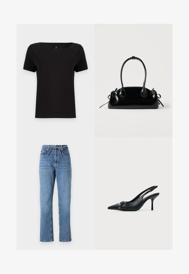 Sort t-shirt med korte ærmer og firkantet halsudskæring, lavet af blødt bomuldsstof, med et minimalistisk design og en almindelig pasform.; Lyseblå denimjeans med lige pasform, høj talje, der har en frontsløjfe og klassisk fem-lomme design. Struktureret overflade med subtile falmninger.; Sort læder højhælet sko med spidst tåparti, slingback og rem med spænde og nitter foran.; Lille sort blank håndtaske med to lange håndtag og snøre-detaljer i siden på en ensfarvet lys baggrund.