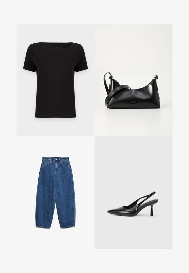 Sort t-shirt med korte ærmer og firkantet halsudskæring, lavet af blødt bomuldsstof, med et minimalistisk design og en almindelig pasform.; Blå denimjeans med høj talje, afslappet pasform og lige ben. Klassisk design med fem lommer, lynlås og knaplukning.; Sort læderslagback højhælet sko med spids tå og slank hæl på en hvid baggrund.; Sort læderhåndtaske med en glat tekstur. Har en justerbar stropp og et enkelt, minimalistisk design med lynlås.