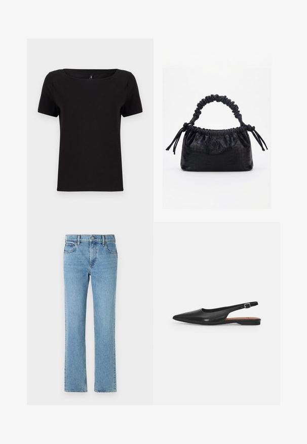 Schwarzes kurzärmeliges T-Shirt mit quadratischem Ausschnitt, aus weichem Baumwollstoff, mit minimalistischen Design und normaler Passform.; Hellblaue Jeans aus Denim mit geradem Schnitt, fünf Taschen, Knopf- und Reißverschluss, sowie dezentem Fade-Effekt. Klassisches, einfaches Design.; Schwarzer Leder Slingback-Schuh mit spitzer Zehenform, subtiler Glanz und verstellbarem Knöchelriemen. Flacher Absatz mit einer braunen Innensohle.; Schwarze Handtasche mit Krokodilstruktur, gerafftem oberen Rand, zusammengezogenem Griff und Zugkordeln mit Quasten an jeder Seite vor weißem Hintergrund.