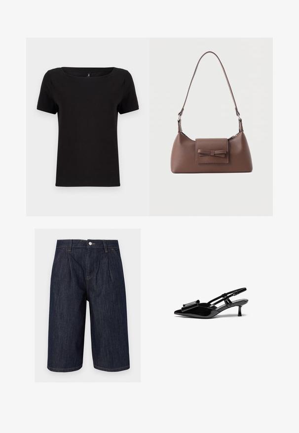 Sort t-shirt med korte ærmer og firkantet halsudskæring, lavet af blødt bomuldsstof, med et minimalistisk design og en almindelig pasform.; Mørkeblå denim lange shorts med frontplisser, sidelommer, bæltestropper og metal knaplukning i taljen.; Sorte patenterede læderslingbacks med spids tå, en sløjfedetalje foran og en lille stilettohæle. Remmene har justerbare spænder.; Brun skuldertaske i læder med en frontlomme med klap, der har en sydd sløjfedetalje, og en justerbar rem.
