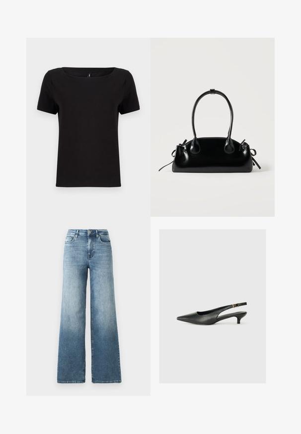 Camiseta negra de manga corta con escote cuadrado, fabricada en suave tela de algodón, que presenta un diseño minimalista y un corte regular.; Jeans de denim de pierna ancha en lavado azul claro, con cintura alta, diseño de cinco bolsillos y un ligero desvanecimiento en la tela. Cierre clásico con botón de metal.; Zapato de tacón slingback negro de punta afilada, hecho de cuero suave. Presenta un tacón delgado y un detalle de hebilla en la correa ajustable.; Pequeño bolso negro brillante con dos asas largas y detalles de cordón lateral sobre un fondo claro liso.