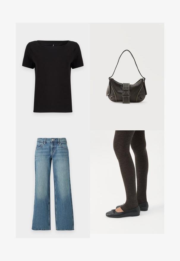 Camiseta negra de manga corta con escote cuadrado, fabricada en suave tela de algodón, que presenta un diseño minimalista y un corte regular.; Jeans de mezclilla azul claro con diseño de pierna ancha, cintura de altura media, bolsillos delanteros y sutiles desgastes, mostrando una textura suave.; Piernas con leggings oscuros acanalados combinados con bailarinas negras que presentan pequeños detalles de lazo sobre un fondo blanco.; Bolso de hombro de cuero negro con detalle de correa con hebilla, bordes curvos y costuras blancas en contraste sobre un fondo liso.