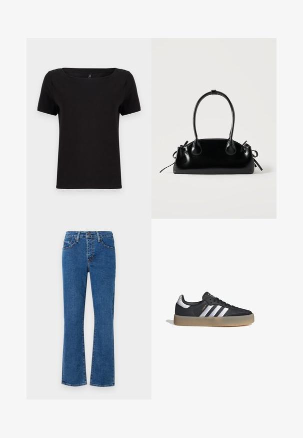 Camiseta negra de manga corta con escote cuadrado, fabricada en suave tela de algodón, que presenta un diseño minimalista y un corte regular.; Jeans de mezclilla azul claro con corte recto, diseño de cinco bolsillos y detalles de costura. La tela tiene textura con un ligero desvanecimiento.; Zapatilla deportiva de cuero negro con tres rayas plateadas, punta texturizada y suela de goma. Cuenta con un collar acolchado y un diseño con cordones.; Pequeño bolso negro brillante con dos asas largas y detalles de cordón lateral sobre un fondo claro liso.