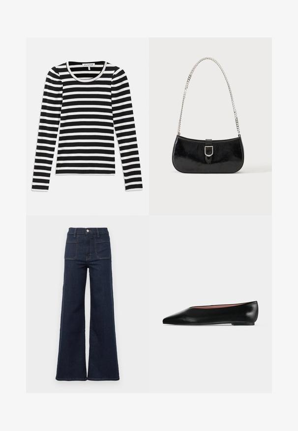 Langærmet, ribbet top med sort og hvid vandret striber. Har en rund halsudskæring og kontrasterende kant. Blød stoftekstur.; Mørkeblå flagrende jeans lavet af denim med høj talje, der har to baglommer og kontrasterende syninger langs sømmene.; Sort damesko i læder med flad hæl og spids tå, vist fra siden på en ensfarvet lys grå baggrund.; Sort skuldertaske i laklæder med sølv spænde og sølv kæderem, vist mod en ensartet lys baggrund.