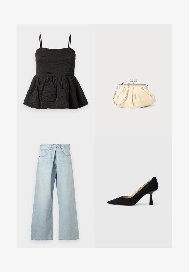Top peplum noir avec bretelles spaghetti réglables, tissu texturé présentant un design tourbillonnant et un ourlet froncé pour plus de volume.; Jean denim bleu clair à jambes larges avec passants de ceinture et poches avant, présenté de face sur un fond uni.; Pompe à talons hauts en suède noir avec un bout pointu, dotée d'un talon bloc noir brillant et d'une doublure intérieure lisse.; Pochette en cuir beige plissé avec un cadre en métal argenté, dotée de deux fermoirs ronds décoratifs et d'une chaîne en argent.