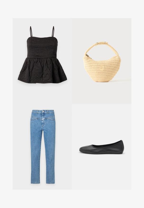 Top peplum noir avec bretelles spaghetti réglables, tissu texturé présentant un design tourbillonnant et un ourlet froncé pour plus de volume.; Jeans en denim bleu clair avec une coupe droite, cinq poches et une fermeture à bouton. Présente une texture légèrement délavée et un minimum de coutures.; Ballerines en cuir noir avec un bout rond, texture lisse, détails de couture minimalistes et design de semelle flexible.; Sac à main beige tissé avec corps arrondi, fermeture éclair et une sangle courte et épaisse dans un style crochet simple et texturé.