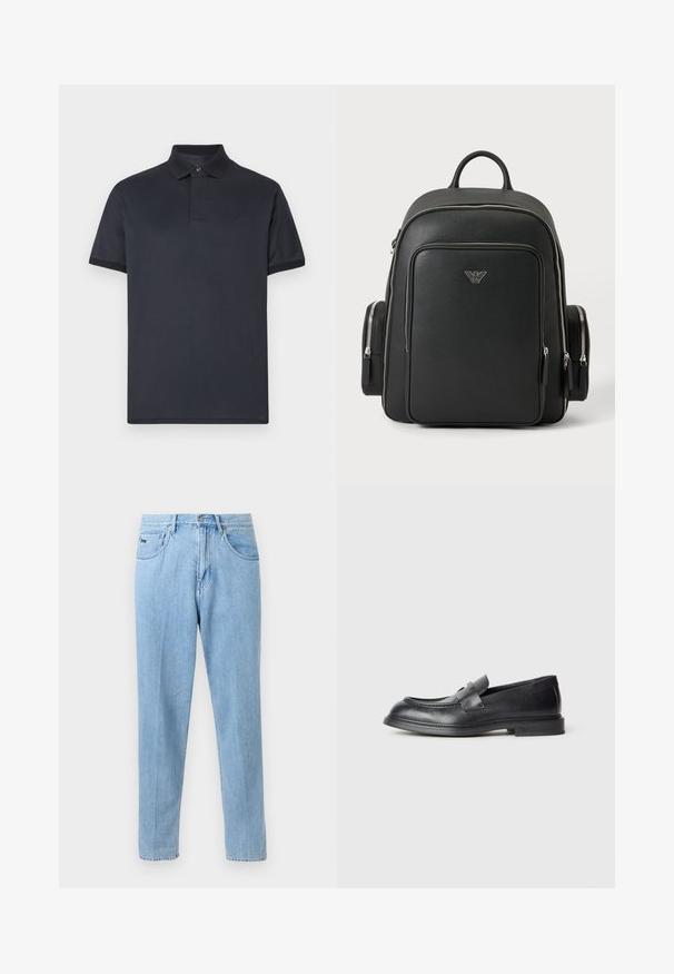 Polo bleu marine en coton doux. Il présente un col classique, des manches courtes et un logo discret sur la poitrine.; Jean en denim bleu clair à coupe droite avec poches avant, passants de ceinture et fermeture à bouton sur un fond neutre.; Mocassins en cuir noir avec une finition texturée, dotés d'une bride décorative à l'avant et d'un bout arrondi. Semelle en caoutchouc pour plus de durabilité.; Sac à dos noir avec des fermetures éclair argentées, des poches frontales et latérales, et un petit logo aigle Armani argenté au centre de la face avant.