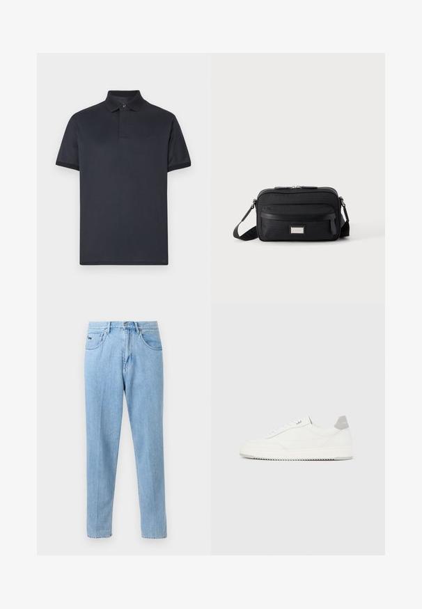Marineblauw poloshirt gemaakt van glad katoen. Heeft een klassieke kraag, korte mouwen en een subtiel logo op de borst.; Lichtblauwe rechte spijkerbroek met voorzakken, lussen voor een riem en knoopsluiting op een neutrale achtergrond.; Witte lage sneaker met grijze hielpatch, witte veters en een gestructureerde zool, gepresenteerd op een effen lichte achtergrond.; Zwarte rechthoekige crossbodytas met voorvak met ritssluiting, verstelbare schouderband en zilveren rechthoekige logo-plaat op effen achtergrond.