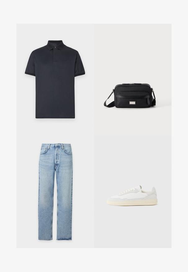 Polo bleu marine en coton doux. Il présente un col classique, des manches courtes et un logo discret sur la poitrine.; Jean denim bleu clair à coupe droite avec poches avant, passants de ceinture et fermeture à boutons sur fond blanc.; Baskets blanches avec dessus en daim et cuir texturé. Caractérisées par un bout arrondi, une fermeture à lacets et une semelle en caoutchouc beige contrastante.; Sac bandoulière rectangulaire noir avec poche avant zippée, sangle réglable et plaque logo rectangulaire argentée sur fond uni.
