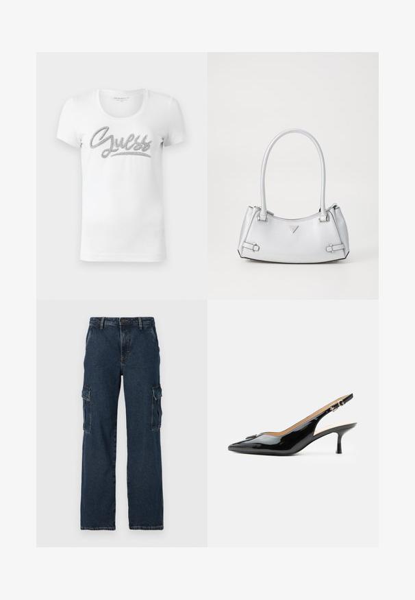 T-shirt blanc à manches courtes et col rond, avec "Guess" écrit en cursive en lettres argentées brillantes sur la poitrine.; Pantalons cargo en denim bleu marine, avec une coupe droite, deux poches latérales et des coutures contrastées. Tissu durable avec une finition classique.; Escarpin slingback en cuir verni noir avec bout pointu, petit talon kitten et bride à boucle argentée sur fond blanc uni.; Sac à main argenté avec un design structuré, doté de deux poignées, d'une texture brillante, de quincaillerie accentuée et d'un logo triangulaire sur le devant.