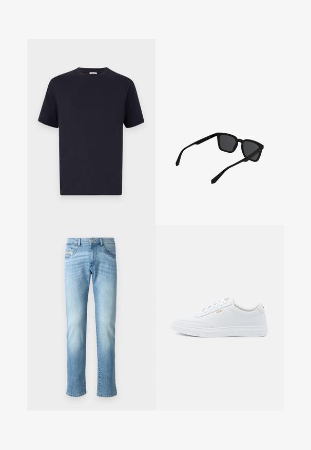 Navy blauwe katoenen T-shirt met een ronde hals, korte mouwen en een relaxte pasvorm; gladde textuur; geen zichtbare patronen of hardware.; Lichtblauwe rechte jeans met vervaagde details, voorknop en vijf-zakken ontwerp tegen een simpele witte achtergrond.; Witte leren sneakers met een gladde textuur, ronde neus en tonale stiksels. Voorzien van blauwe veters en een gouden logo op de zijkant.; Zwarte rechthoekige zonnebril met dikke monturen en donkere glazen, licht schuin weergegeven op een witte achtergrond.