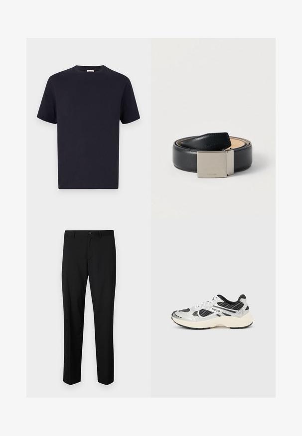 Marineblå bomulds T-shirt med rund halsudskæring, korte ærmer og afslappet pasform; glat tekstur; ingen synlige mønstre eller hardware.; Sorte skræddersyede bukser med flad front, standard talje og lige ben. Lavet af glat stof, med en enkelt knaplukning.; Hvid og sort lav-top sneaker med mesh-paneler, mærket "HUGO" på siden, og tyk off-white sål mod en lysegrå baggrund.; Sort læderbælte med tekstureret finish, med spænde i sølvmetal. Spændet har et minimalistisk design med en indgraveret logo.