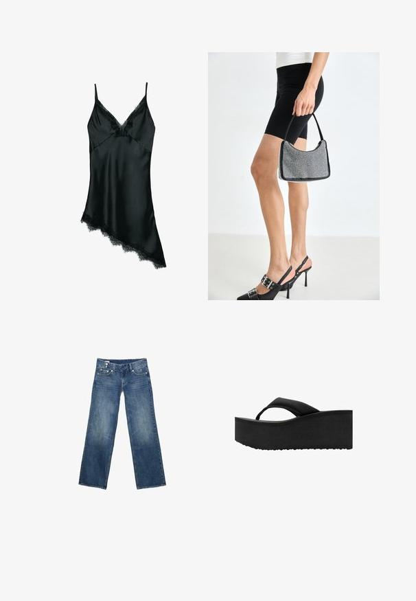 Camisole en satin noir avec fines bretelles, encolure en V et détails en dentelle le long du décolleté et de l'ourlet asymétrique. Texture lisse, design élégant.; Jean en denim bleu avec jambes larges et droites, poches avant et fermeture par boutons, présenté à plat sur un fond blanc.; Tongs noires à semelle plate épaisse et rembourrée avec une large bride sur les orteils, vues de côté sur fond blanc.; Sac à main à perles noires avec une silhouette courbée, une poignée de transport et une texture brillante. Porté avec des chaussures à talons hauts noires et un short noir ajusté.