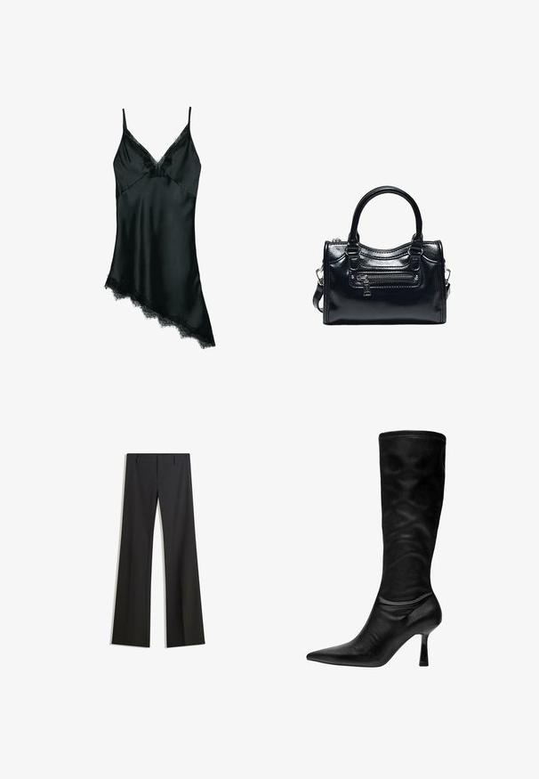 Camisole en satin noir avec fines bretelles, encolure en V et détails en dentelle le long du décolleté et de l'ourlet asymétrique. Texture lisse, design élégant.; Pantalon noir évasé avec une texture lisse, doté d'une coupe ajustée et d'une taille cintrée. Aucun motif ou ornement visible.; Botte en cuir noir montant jusqu'au genou, avec un bout pointu, un talon mince et une texture douce et lisse. Elle présente un design ajusté et une couture minimaliste.; Sac à main en cuir noir brillant avec deux poignées, poche avant zippée et bandoulière amovible sur fond blanc.