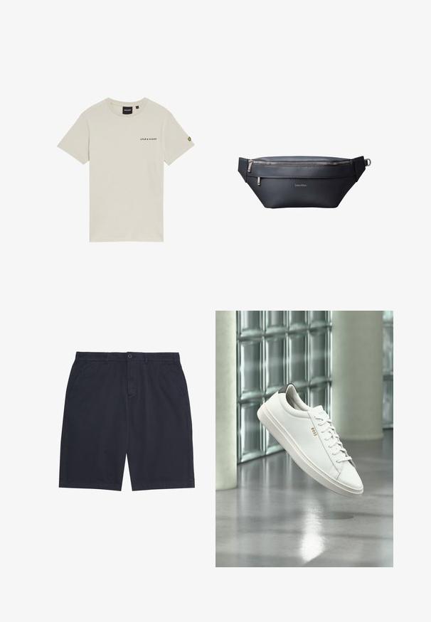 Beige bomulds t-shirt med rund hals, korte ærmer og et lille "LYLE & SCOTT" logo trykt på brystet. Har et broderet logo på ærmet.; Marineblå herre-casual shorts med knaplukning, bæltestropper og sidelommer, lagt fladt på en hvid baggrund.; Hvid læder lav-top sneaker med snørebånd, sort hælflig og "BOSS"-logo, svævende indendørs nær glasblok væg og poleret gulv.; Sort læder Calvind Klein bæltetaske med to lynlåslommer og justerbar rem med metalspænde.