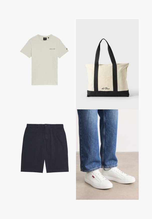 Beige katoenen t-shirt met een ronde hals, korte mouwen en een klein "LYLE & SCOTT" logo gedrukt op de borst. Heeft een geborduurd logo op de mouw.; Donkerblauwe heren casual korte broek met knoopsluiting, riemlussen en zijzakken, plat gelegd op een witte achtergrond.; Witte sneakers met een glad oppervlak, ronde neus en platte zool. Vergezeld door blauwe denim jeans met een rechte pasvorm en zichtbare stiksels.; Canvas tote tas met lange zwarte handvatten, zwarte onderzoom en voorvak met "Les Deux" logo in zwarte schrijfletters.