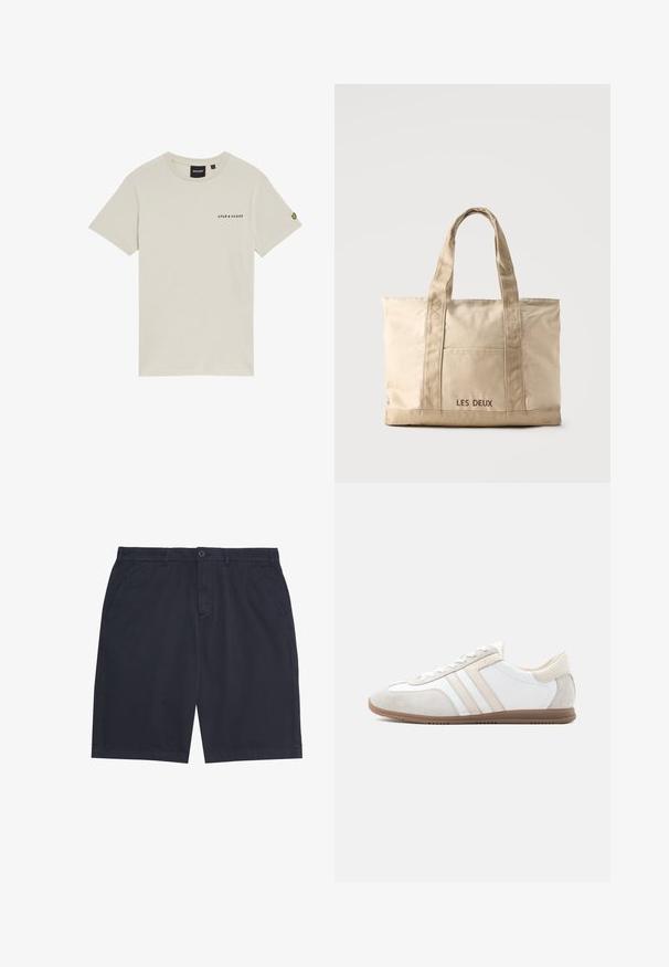 Beige bomulds t-shirt med rund hals, korte ærmer og et lille "LYLE & SCOTT" logo trykt på brystet. Har et broderet logo på ærmet.; Marineblå herre-casual shorts med knaplukning, bæltestropper og sidelommer, lagt fladt på en hvid baggrund.; Lavprofileret hvid og beige sko med ruskindsdetaljer, snørelukning og brun gummisål, vist i sideprofil på ensfarvet baggrund.; Beige lærredstaske med to håndtag og en forlommer, "LES DEUX" broderet på lommen.