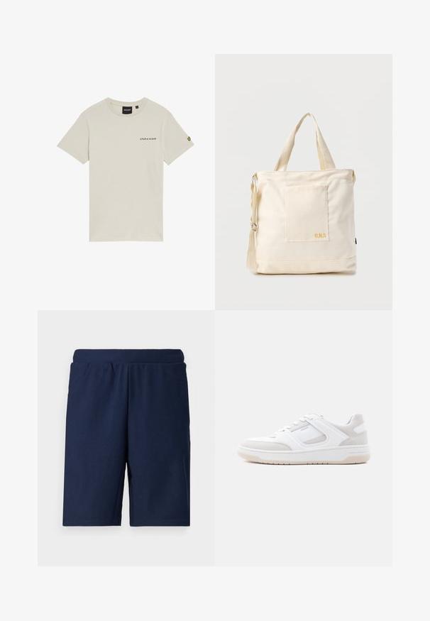 Beige katoenen t-shirt met een ronde hals, korte mouwen en een klein "LYLE & SCOTT" logo gedrukt op de borst. Heeft een geborduurd logo op de mouw.; Marineblauwe sportshorts met een geribbelde textuur, een elastische tailleband en een rechte snit, ontworpen voor comfort en bewegingsvrijheid.; Lage witte en lichtbeige sneaker met vetersluiting, gevoerde kraag en rubberen zool op een effen lichte achtergrond.; Crèmekleurige canvas boodschappentas met voorvak, twee handvatten, verstelbare schouderriem en kleine gele "O.N.S" tekst rechtsonder op het vak.
