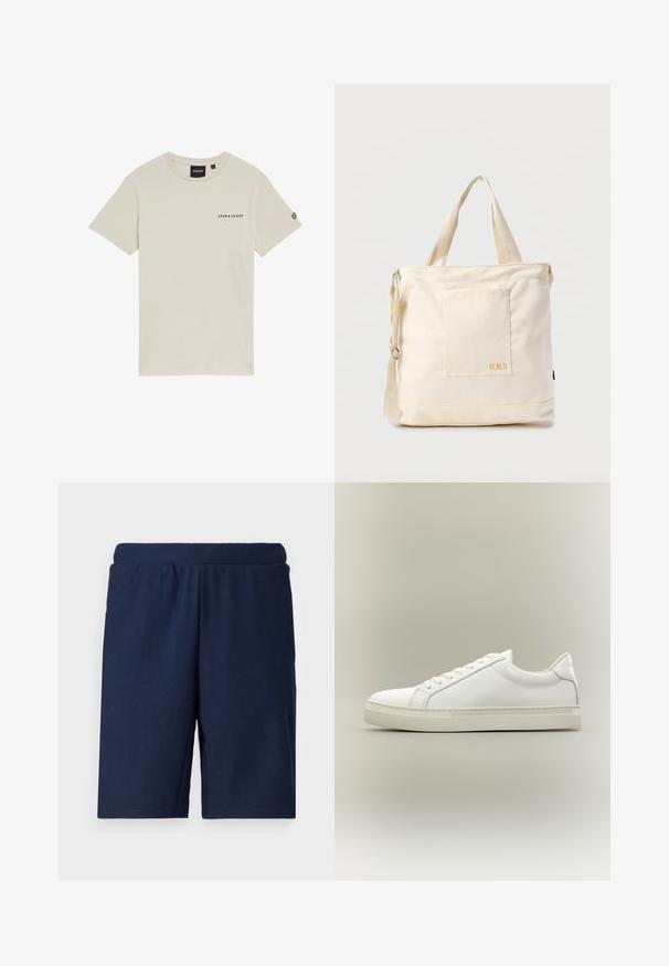 Beige bomulds t-shirt med rund hals, korte ærmer og et lille "LYLE & SCOTT" logo trykt på brystet. Har et broderet logo på ærmet.; Marineblå sportsbukser med ribbet tekstur, elastisk talje og lige snit, designet til komfort og bevægelsesfrihed.; Hvid lavtop sneaker med snørebånd foran og tyk sål, vist fra siden mod en neutral baggrund.; Kremfarvet lærredstote-taske med frontlomme, to håndtag, justerbar skulderrem og lille gul "O.N.S" tekst i nederste højre hjørne af lommen.