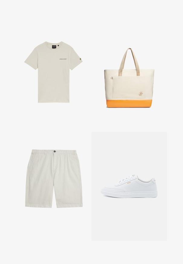 Beige bomulds t-shirt med rund hals, korte ærmer og et lille "LYLE & SCOTT" logo trykt på brystet. Har et broderet logo på ærmet.; Lyse beige knælange shorts med forlommer, bæltestropper, knaplukning og rent, glat stof.; Hvide lædersneakers med glat tekstur, rund tå og ton-i-ton syning. Har blå snørebånd og et gult logo på siden.; Stor beige lærredstaske med orange bund, beige håndtag, forlomme og små broderede initialer på lommes hjørne.