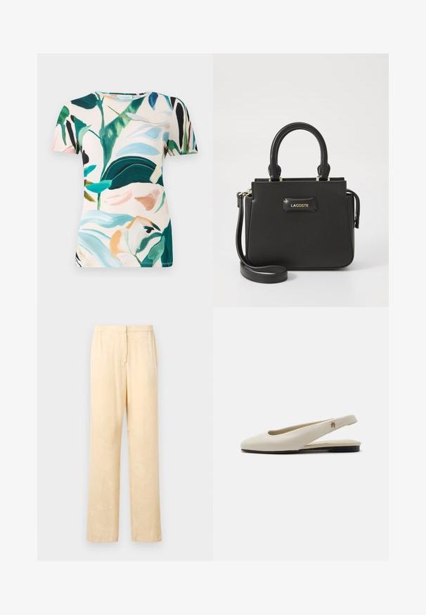 Kurzärmliges T-Shirt mit Rundhalsausschnitt und einem mehrfarbigen Blumenmuster auf hellem Hintergrund. Hergestellt aus weichem, atmungsaktivem Stoff.; Helle, locker sitzende Hosen in einem dezenten Blattmuster. Mit elastischem Bund und geradem Beinansatz. Glatte Textur.; cremefarbiger Lederslingback-Flachschuh mit rundem Zehenbereich und kleinem goldfarbenem Emblem am Riemen.; Schwarze Lacoste-Handtasche mit strukturiertem Design, glatter Textur, Griffen oben und einem abnehmbaren Schultergurt. Mit einem goldenen Logo-Akzent.