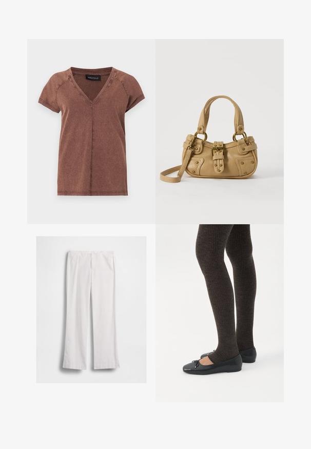 T-shirt marron à manches courtes avec col en V, coutures visibles et une étiquette noire "ANNA FIELD" à l'intérieur du col.; Pantalon blanc à jambes droites avec fermeture éclair et bouton à l'avant, présenté à plat sur fond blanc.; Jambes portant des leggings côtelés foncés associés à des ballerines noires avec de petits détails en nœud sur fond blanc.; Sac à main en cuir beige avec double poignées, boucle en laiton et détails rivetés, ainsi qu'une bandoulière réglable sur fond blanc.