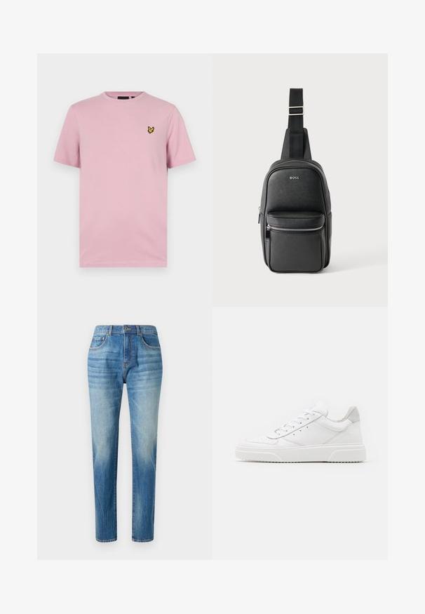 Lyserød t-shirt med korte ærmer lavet af blødt stof, med et lille gult sommerfuglelogo broderet på venstre bryst.; Lyseblå denimjeans med lige ben, høj talje, subtilt slid og klassisk fem-lomme-design. Metalknaplukning.; Hvide lædersneakers med en glat finish, rund tå, flade snørebånd og en struktureret sål. Grå ruskindsdetalje ved hælen.; Sort lædertaske med justerbar rem, lynlåslomme foran og "BOSS"-logo på en glat tekstureret overflade.