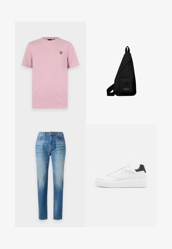 Roze t-shirt met korte mouwen, gemaakt van zachte stof, met een klein geel vlinderlogo dat op de linkerborst is geborduurd.; Lichtblauwe denim jeans met een rechte pijp, voorzien van een hoge taille, subtiele vervaging en klassieke vijf-pocket stijl. Metalen knoopsluiting.; Witte leren sneaker met een zwarte haklip, platte veters, gestructureerde tussenzool en branding aan de buitenzijde. Ontworpen voor casual gebruik.; Zwarte driehoekige crossbodytas met voorvak met rits met Calvin Klein-logo en verstelbare band.