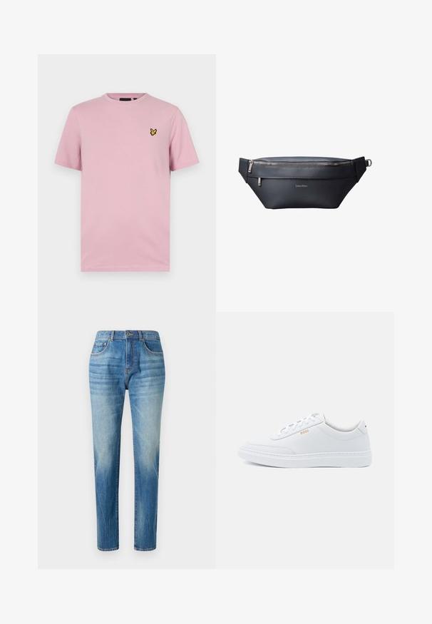 Rosa T-Shirt mit kurzen Ärmeln aus weichem Stoff, mit einem kleinen gelben Schmetterlingslogo, das auf der linken Brust gestickt ist.; Hellblaue Denim-Jeans im geraden Schnitt, mit hoher Taille, subtiler Auswaschung und klassischem Fünf-Taschen-Design. Metallknopfverschluss.; Weiße Leder-Sneaker mit glatter Textur, runder Zehenpartie und tonal abgestepptem Design. Mit blauen Schnürsenkeln und einem goldenen Logo an der Seite.; Schwarze Leder-Gürteltasche von Calvin Klein mit zwei Reißverschlussfächern und verstellbarem Riemen mit Metallschnalle.