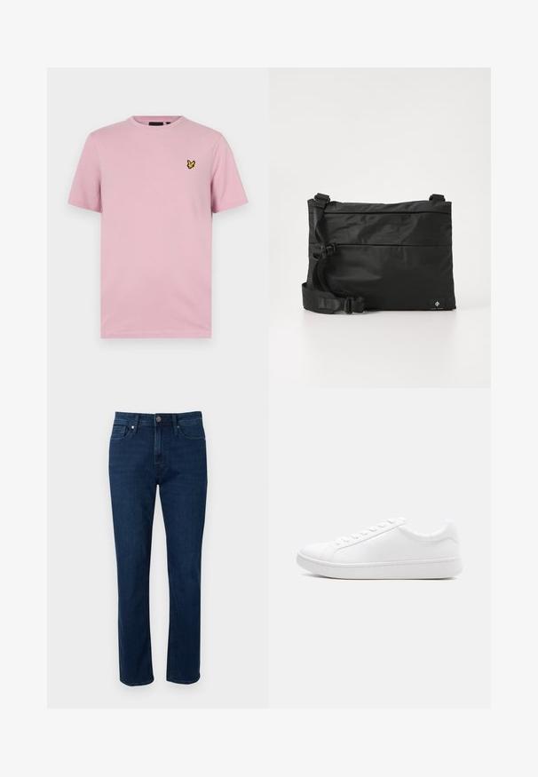 Lyserød t-shirt med korte ærmer lavet af blødt stof, med et lille gult sommerfuglelogo broderet på venstre bryst.; Mørkeblå denim straight-leg jeans med fem lommer, bæltestropper og en metalknaplukning i taljen. Glat tekstur og klassisk design.; Hvid lavtop-sneaker med snørelukning, glat læderoverdel og tyk gummisål vist i sideprofil mod en ensfarvet baggrund.; Sort nylon messenger-taske med justerbar rem, fladt design og et sideetiket med et logo. Glat tekstur og minimalistisk stil.